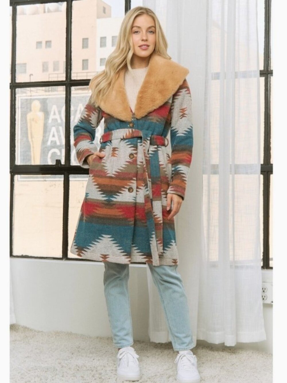 Aztec Jacket Shacket with Contrast Fur Showl Collar - Picture 3 of 13